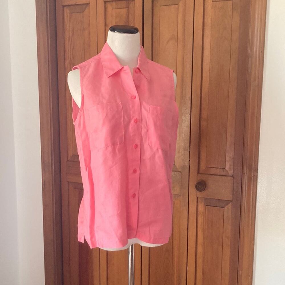Liz Claiborne Pink Irish Linen Buttondown Sleeveless Blouse, Size M